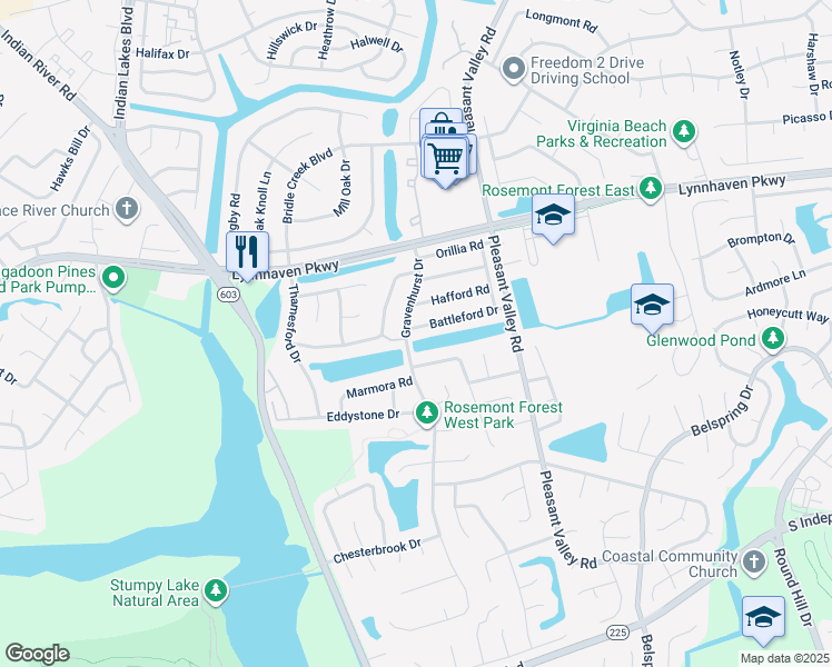map of restaurants, bars, coffee shops, grocery stores, and more near 1391 Battleford Drive in Virginia Beach