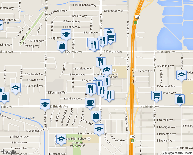 map of restaurants, bars, coffee shops, grocery stores, and more near 3535 North Cedar Avenue in Fresno