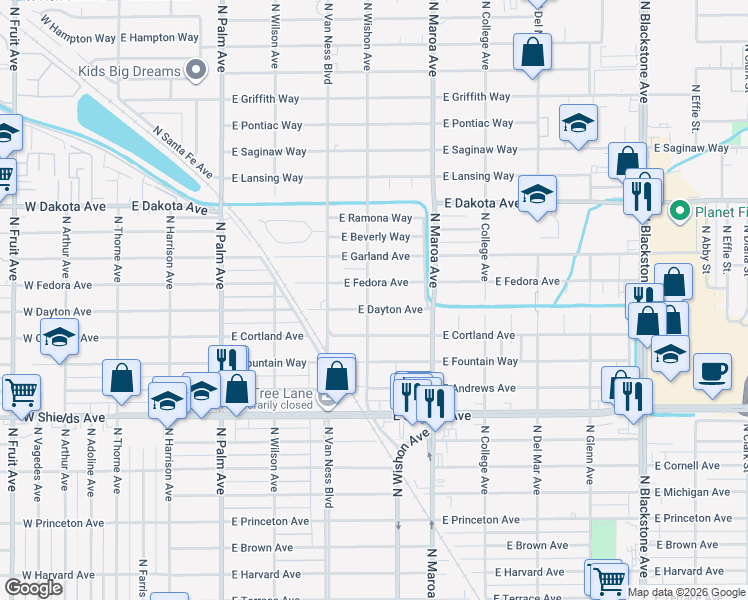 map of restaurants, bars, coffee shops, grocery stores, and more near 712 East Dayton Avenue in Fresno