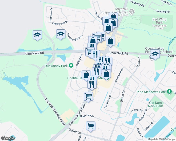 map of restaurants, bars, coffee shops, grocery stores, and more near 1594 Boles Place in Virginia Beach