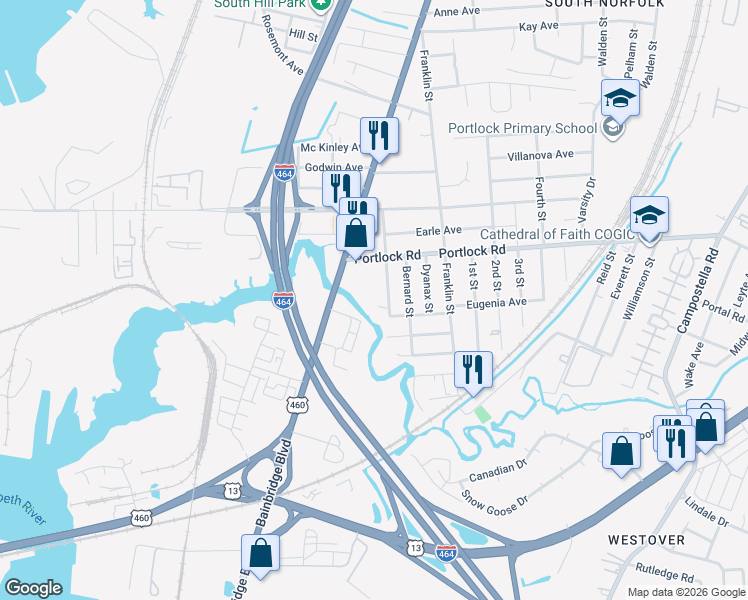map of restaurants, bars, coffee shops, grocery stores, and more near 4114 Hamilton Street in Chesapeake