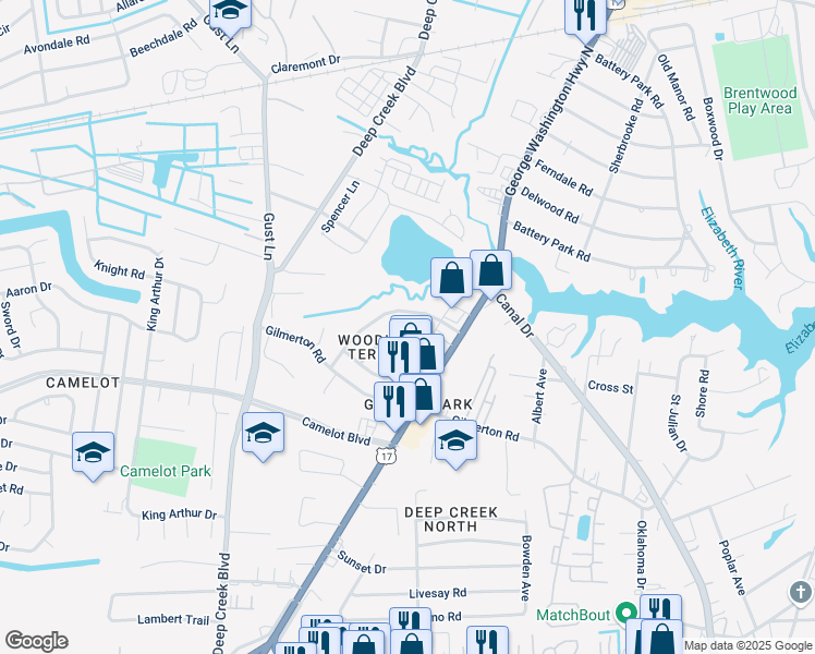 map of restaurants, bars, coffee shops, grocery stores, and more near 1121 Red Maple Road in Chesapeake