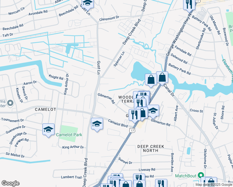 map of restaurants, bars, coffee shops, grocery stores, and more near 1106 Woodland Terrace Drive in Chesapeake
