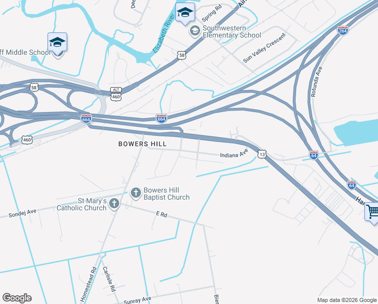 map of restaurants, bars, coffee shops, grocery stores, and more near 4601 Indiana Avenue in Chesapeake