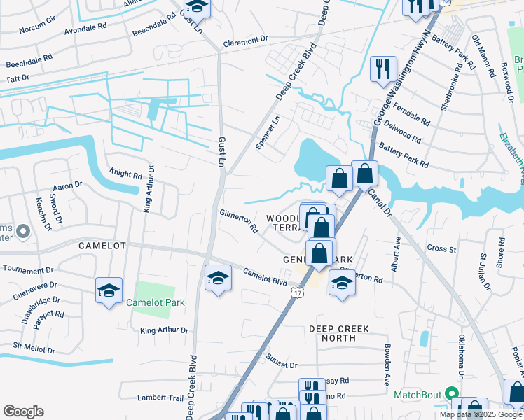 map of restaurants, bars, coffee shops, grocery stores, and more near 1106 Woodland Terrace Drive in Chesapeake