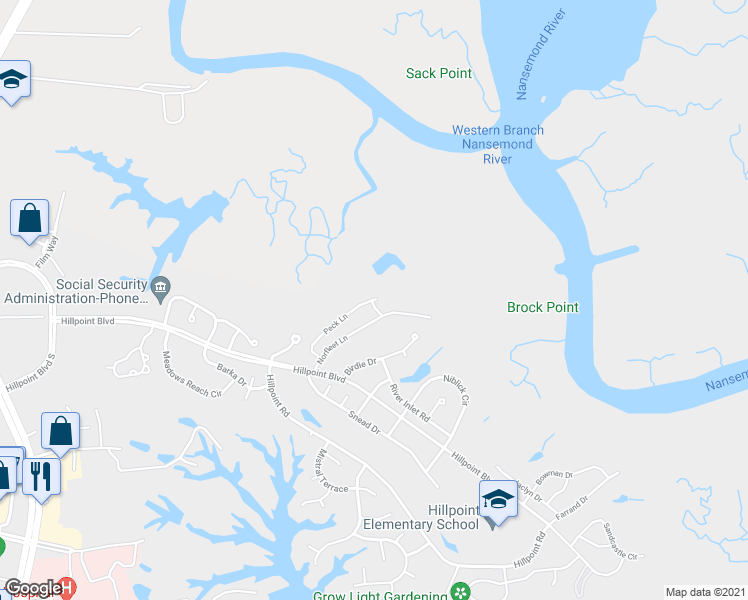 map of restaurants, bars, coffee shops, grocery stores, and more near 137 Peck Lane in Suffolk