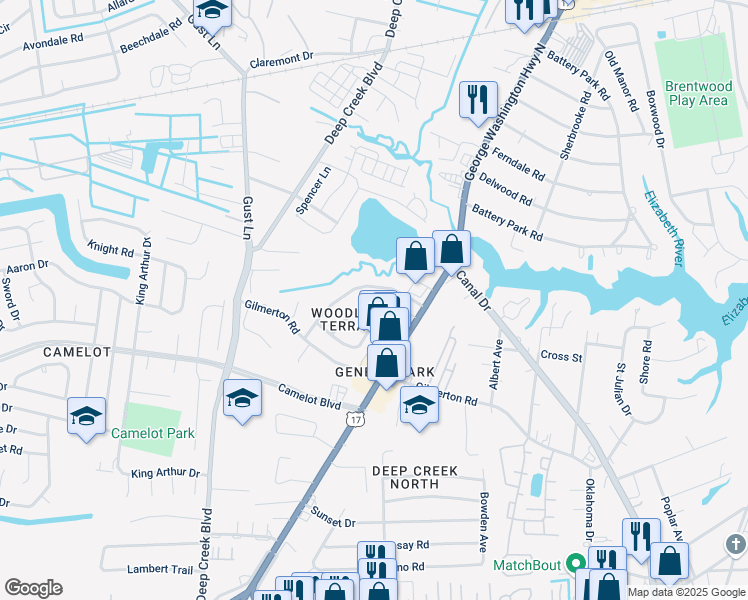 map of restaurants, bars, coffee shops, grocery stores, and more near 1121 Red Maple Road in Chesapeake