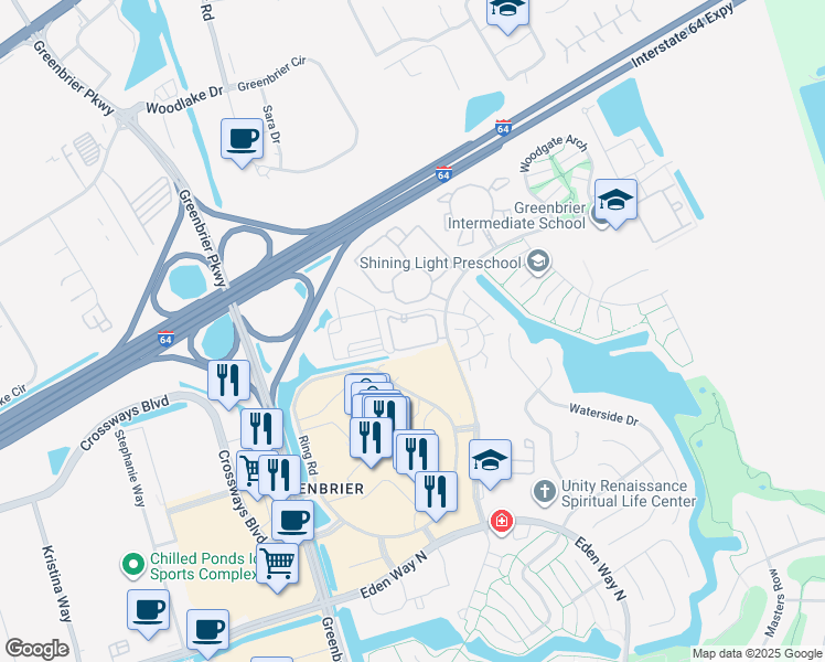 map of restaurants, bars, coffee shops, grocery stores, and more near 1005 Elysian Place in Chesapeake