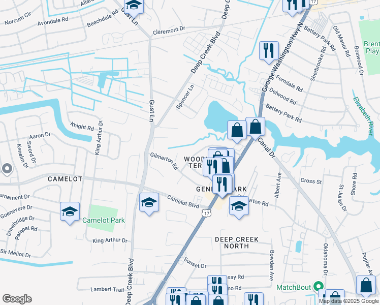 map of restaurants, bars, coffee shops, grocery stores, and more near 1106 Red Maple Road in Chesapeake