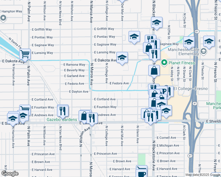 map of restaurants, bars, coffee shops, grocery stores, and more near 1120 East Fedora Avenue in Fresno