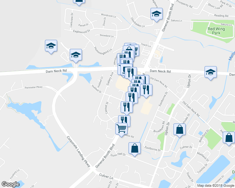 map of restaurants, bars, coffee shops, grocery stores, and more near 1153 Balch Place in Virginia Beach