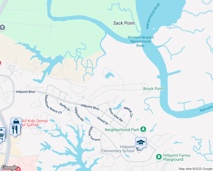 map of restaurants, bars, coffee shops, grocery stores, and more near 137 Peck Lane in Suffolk