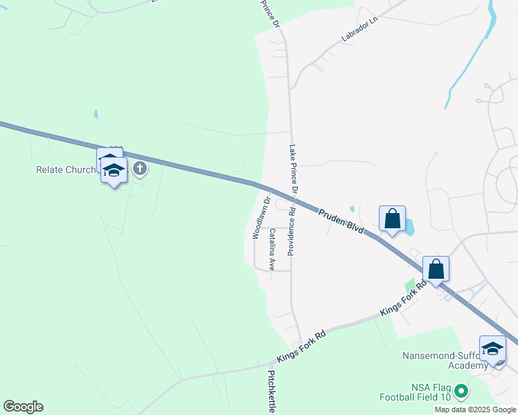 map of restaurants, bars, coffee shops, grocery stores, and more near 3104 Woodlawn Drive in Suffolk