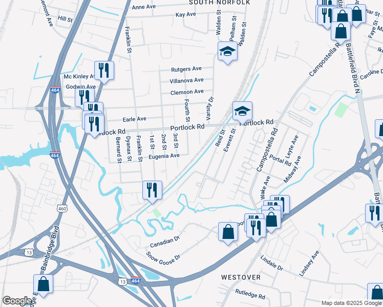 map of restaurants, bars, coffee shops, grocery stores, and more near 4129 Fourth Street in Chesapeake