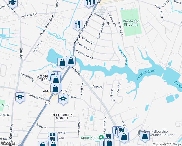 map of restaurants, bars, coffee shops, grocery stores, and more near 1108 Dane Street in Chesapeake