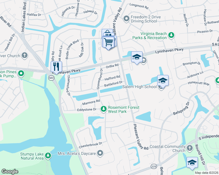 map of restaurants, bars, coffee shops, grocery stores, and more near 1348 Graylyn Road in Virginia Beach
