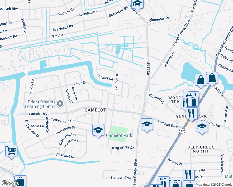 map of restaurants, bars, coffee shops, grocery stores, and more near 1201 King Arthur Drive in Chesapeake