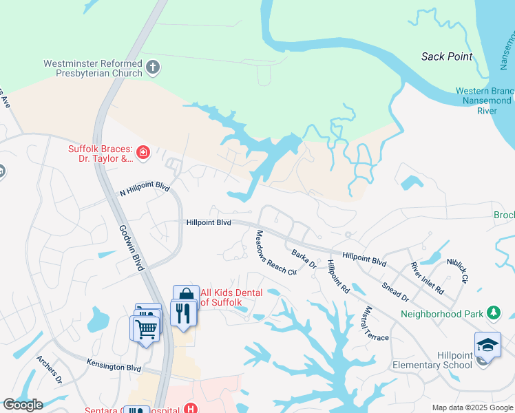 map of restaurants, bars, coffee shops, grocery stores, and more near 1501 Gunston Drive in Suffolk