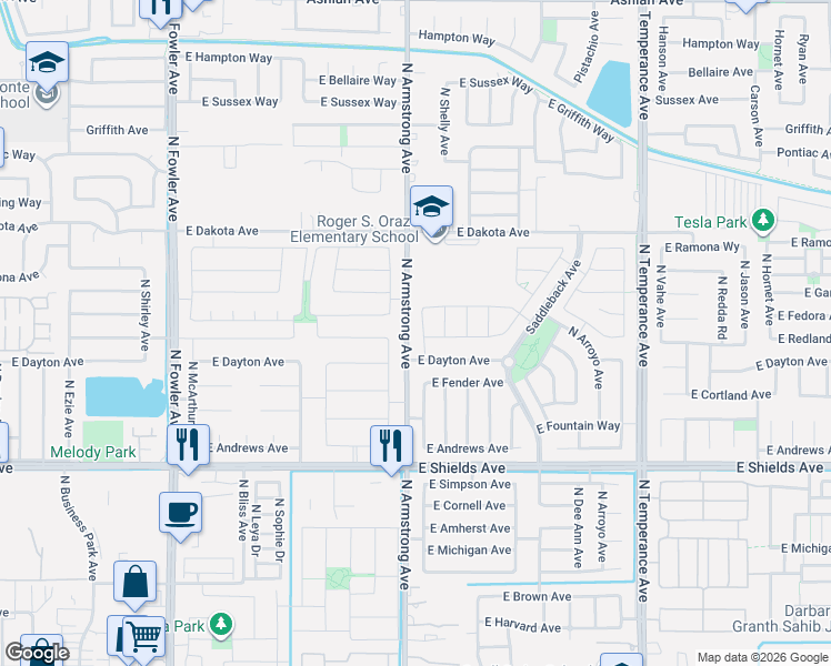 map of restaurants, bars, coffee shops, grocery stores, and more near 3259 North Filbert Avenue in Fresno