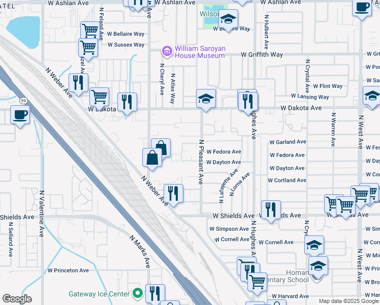 map of restaurants, bars, coffee shops, grocery stores, and more near 3645 North Pleasant Avenue in Fresno