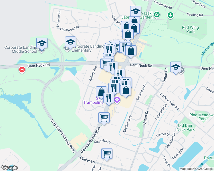 map of restaurants, bars, coffee shops, grocery stores, and more near 1594 Boles Place in Virginia Beach