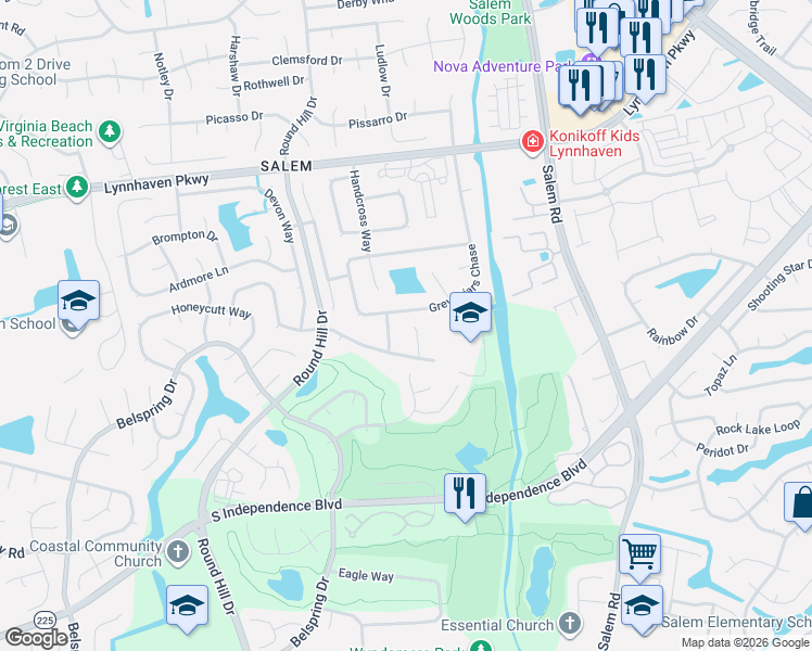 map of restaurants, bars, coffee shops, grocery stores, and more near 1712 Brightwell Place in Virginia Beach