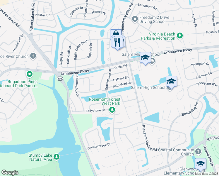 map of restaurants, bars, coffee shops, grocery stores, and more near 1391 Battleford Drive in Virginia Beach