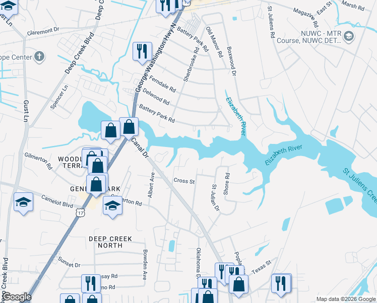 map of restaurants, bars, coffee shops, grocery stores, and more near 1117 Dane Street in Chesapeake