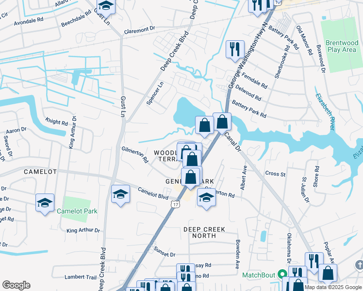 map of restaurants, bars, coffee shops, grocery stores, and more near 1121 Red Maple Road in Chesapeake