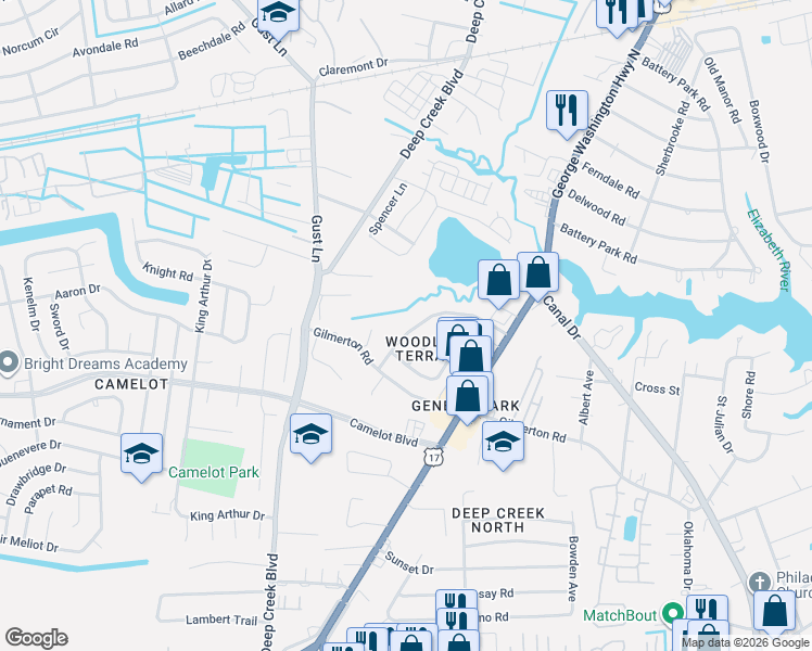 map of restaurants, bars, coffee shops, grocery stores, and more near 1106 Red Maple Road in Chesapeake