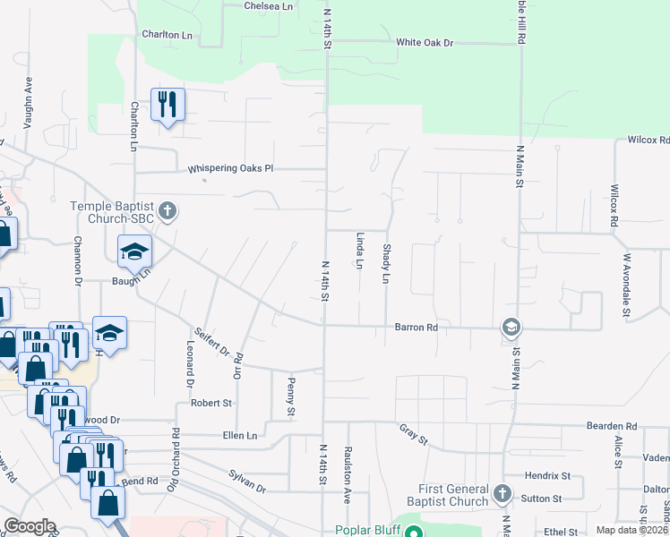 map of restaurants, bars, coffee shops, grocery stores, and more near 2600 North 14th Street in Poplar Bluff
