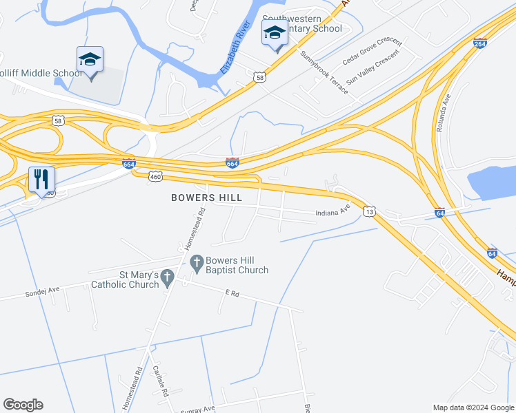 map of restaurants, bars, coffee shops, grocery stores, and more near 522 Schaefer Avenue in Chesapeake