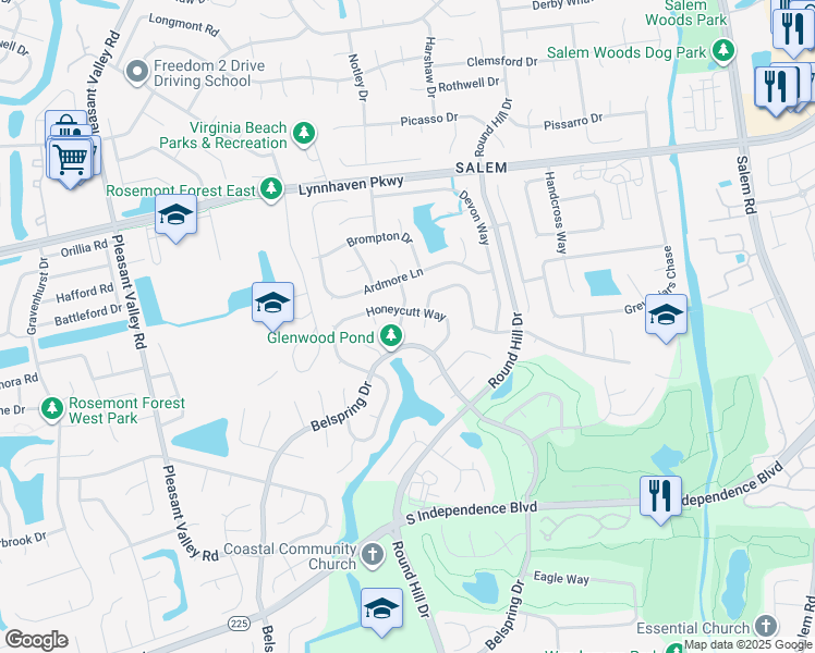 map of restaurants, bars, coffee shops, grocery stores, and more near 1884 Pepperell Drive in Virginia Beach