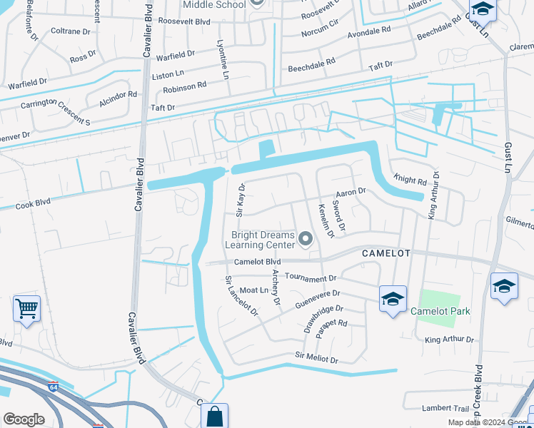 map of restaurants, bars, coffee shops, grocery stores, and more near 3133 Aaron Drive in Chesapeake
