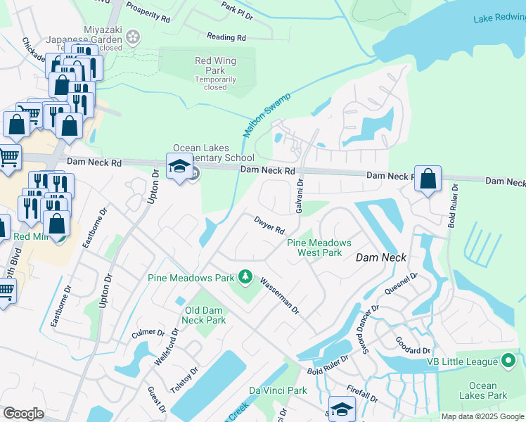 map of restaurants, bars, coffee shops, grocery stores, and more near 833 Levy Loop in Virginia Beach