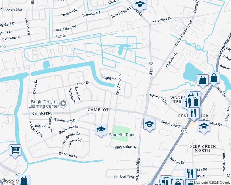 map of restaurants, bars, coffee shops, grocery stores, and more near 1200 King Arthur Drive in Chesapeake