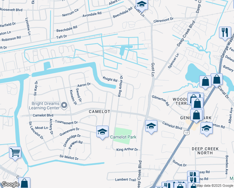 map of restaurants, bars, coffee shops, grocery stores, and more near 1200 King Arthur Drive in Chesapeake