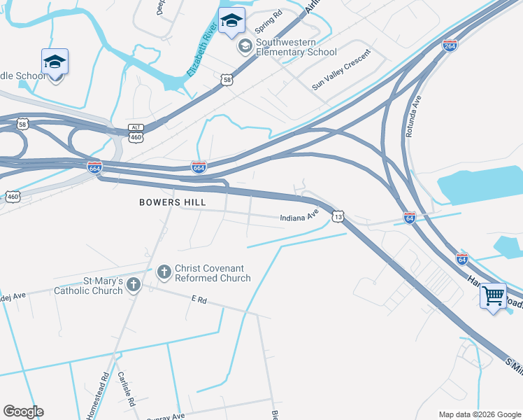 map of restaurants, bars, coffee shops, grocery stores, and more near 4524 Moonlight Way in Chesapeake
