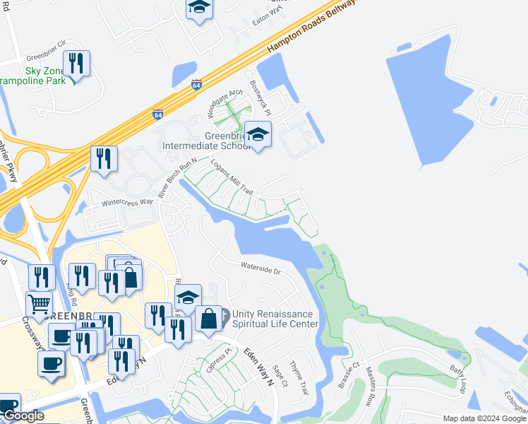 map of restaurants, bars, coffee shops, grocery stores, and more near 1903 Dawnee Brook Trail South in Chesapeake