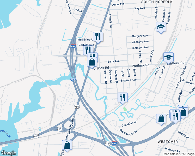 map of restaurants, bars, coffee shops, grocery stores, and more near 4114 Hamilton Street in Chesapeake