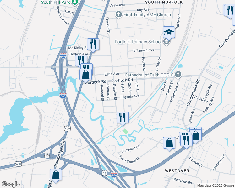 map of restaurants, bars, coffee shops, grocery stores, and more near 4120 Franklin Street in Chesapeake