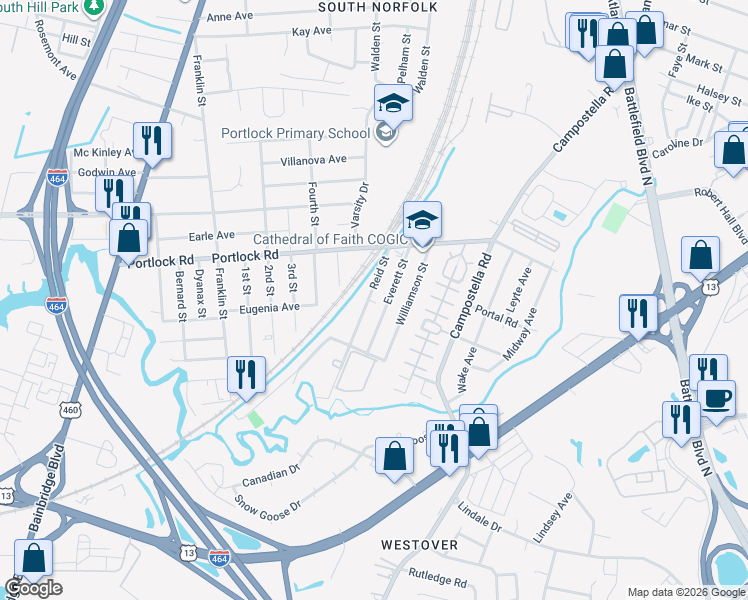 map of restaurants, bars, coffee shops, grocery stores, and more near 4130 Reid Street in Chesapeake