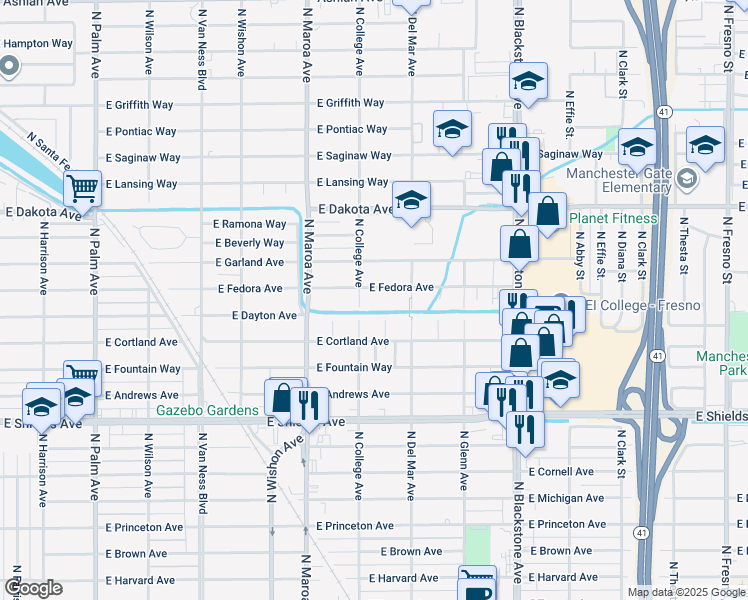 map of restaurants, bars, coffee shops, grocery stores, and more near 3534 North Poplar Avenue in Fresno