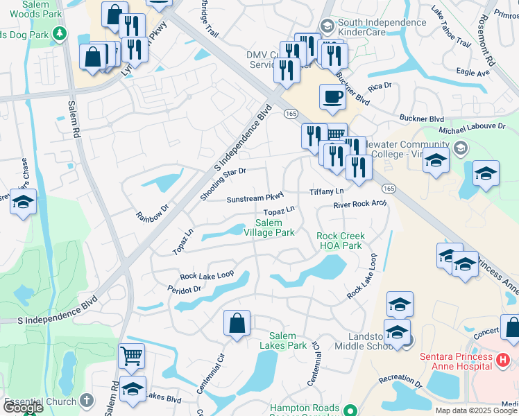 map of restaurants, bars, coffee shops, grocery stores, and more near 3896 Topaz Lane in Virginia Beach