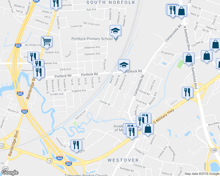 map of restaurants, bars, coffee shops, grocery stores, and more near 4137 Reid Street in Chesapeake