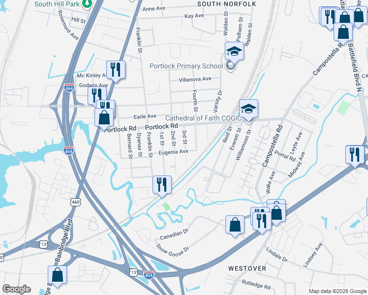 map of restaurants, bars, coffee shops, grocery stores, and more near 4132 3rd Street in Chesapeake