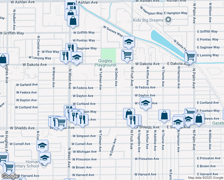 map of restaurants, bars, coffee shops, grocery stores, and more near 702 West Dayton Avenue in Fresno