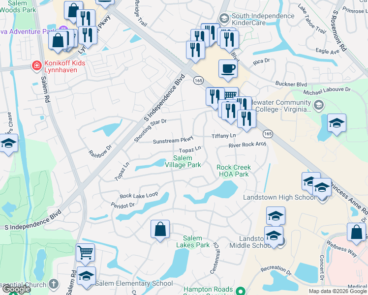 map of restaurants, bars, coffee shops, grocery stores, and more near 3885 Topaz Lane in Virginia Beach