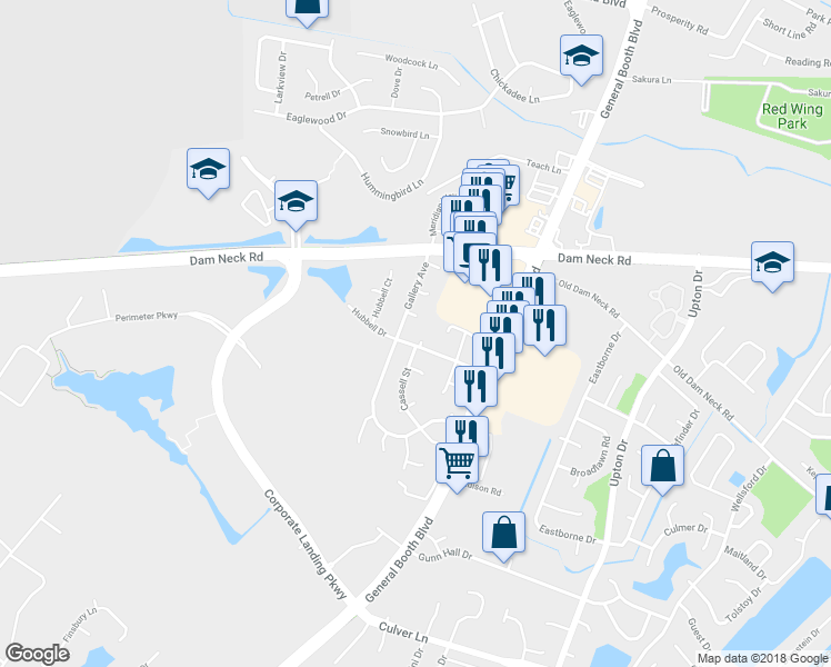map of restaurants, bars, coffee shops, grocery stores, and more near 1148 Hubbell Drive in Virginia Beach