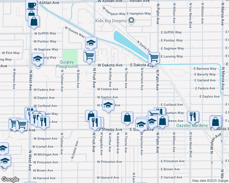 map of restaurants, bars, coffee shops, grocery stores, and more near 136 West Dayton Avenue in Fresno